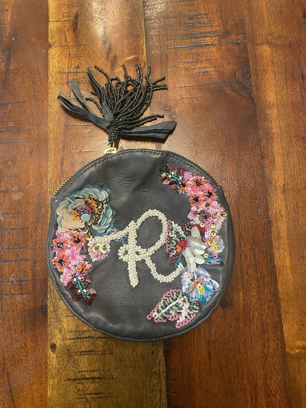Anthropologie x Anna Harlow Russo Leather Beaded Monogram R Pouch Clutch Bag